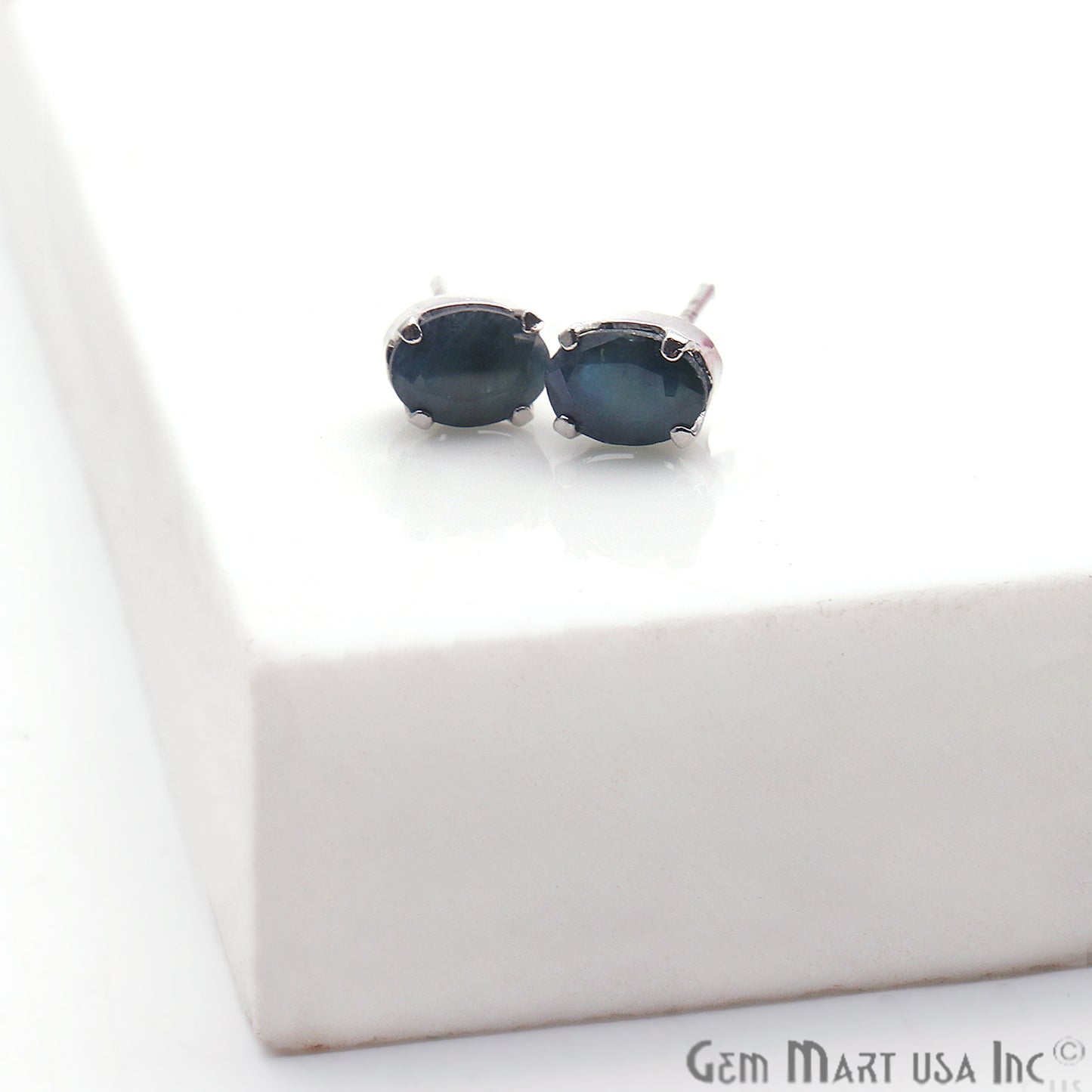 Black Sapphire 5x7mm Sterling Silver Prong Setting Oval Shape Stud Earring - GemMartUSA