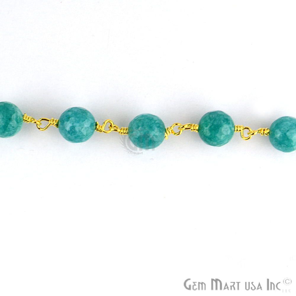 Turquise Green Jade Faceted Beads 8mm Gold Plated Wire Wrapped Rosary Chain - GemMartUSA