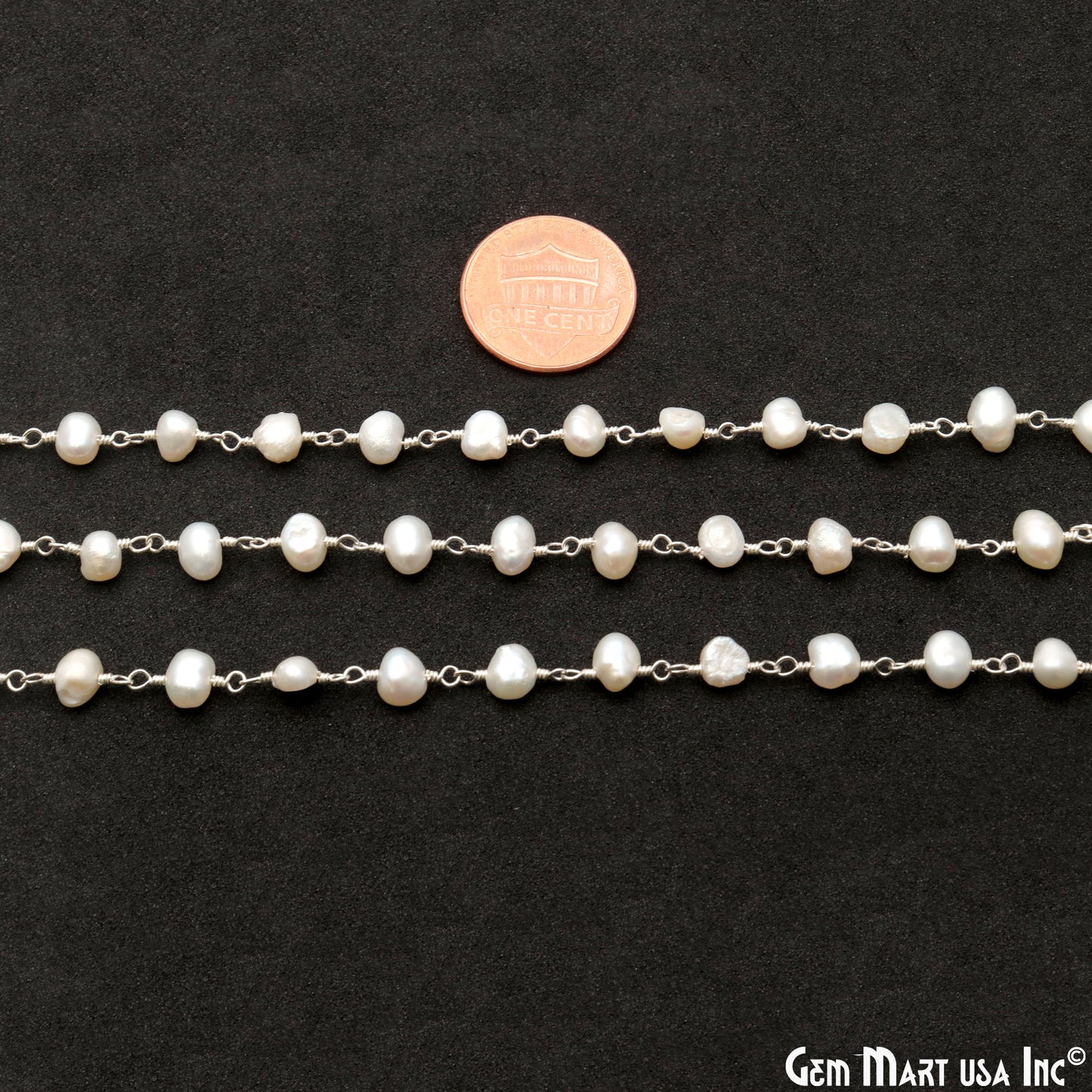 Pearl Free Form Beads 5-6mm Silver Plated Wire Wrapped Rosary Chain