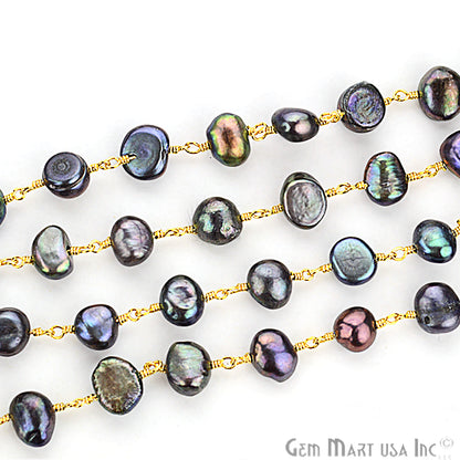 Black Pearl Gold Plated Wire Wrapped Beads Rosary Chain - GemMartUSA (763642249263)