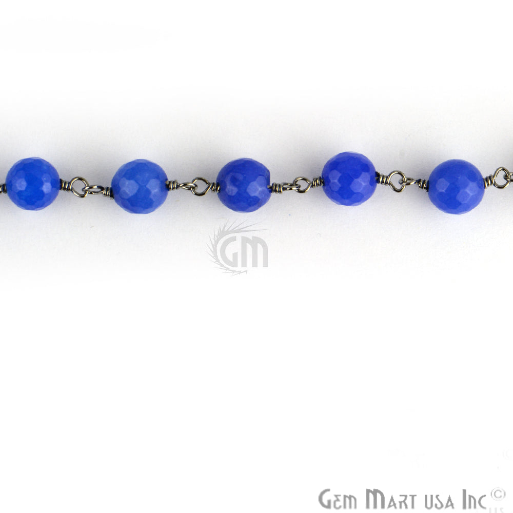 Blue Jade Faceted Beads 8mm Oxidized Wire Wrapped Rosary Chain