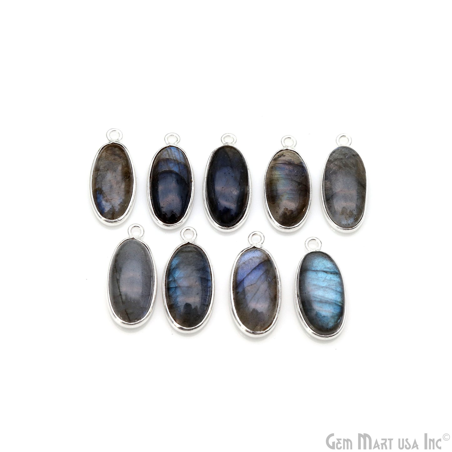 Flashy Labradorite Cabochon 8x16mm Oval Single Bail Silver Plated Gemstone Connector