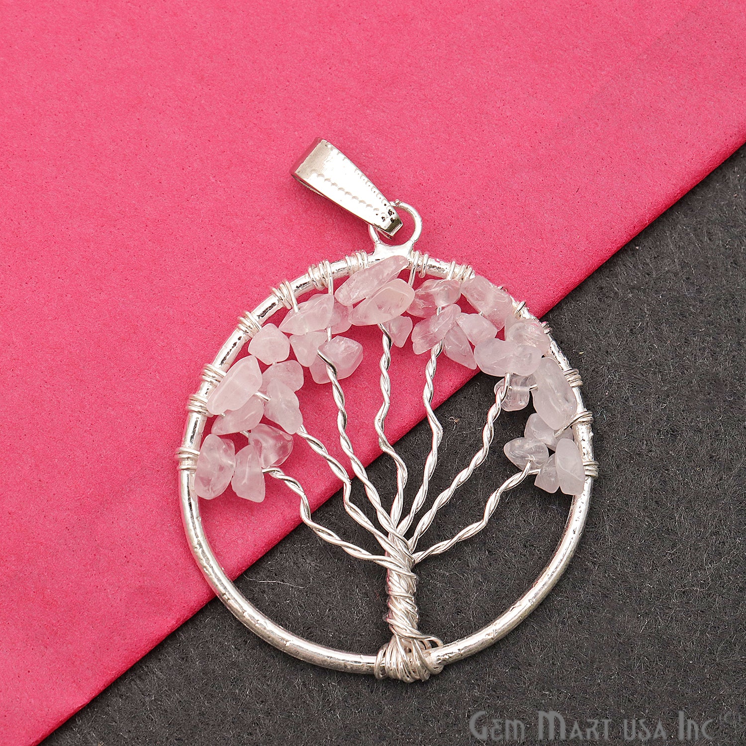 Tree of Life Rose Quartz Silver Wire Wrapped 44x39mm Chakra Pendant - GemmartUSA