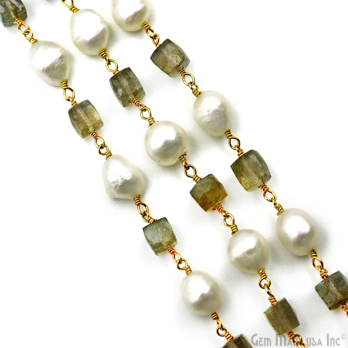 Labradorite Box Beads With Pearl freeform Beads Gold Wire Wrapped Rosary Chain