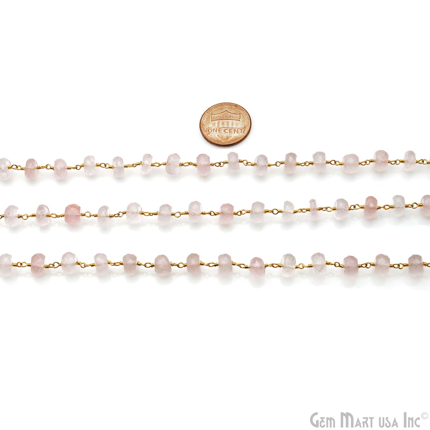 Rose Quartz 7-8mm Beads Faceted Gold Wire Wrapped Rosary Chain