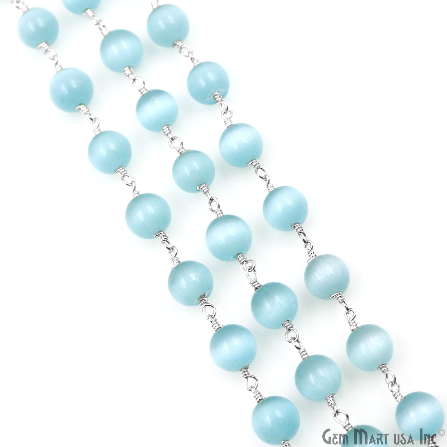 Blue Monalisa Smooth Beads 8mm Silver Plated Wire Wrapped Rosary Chain