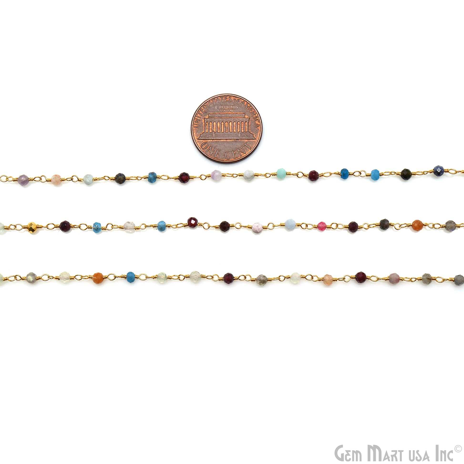 Multi Stone 2.5-3mm Gold Plated Wire Wrapped Beads Rosary Chain (764025700399)