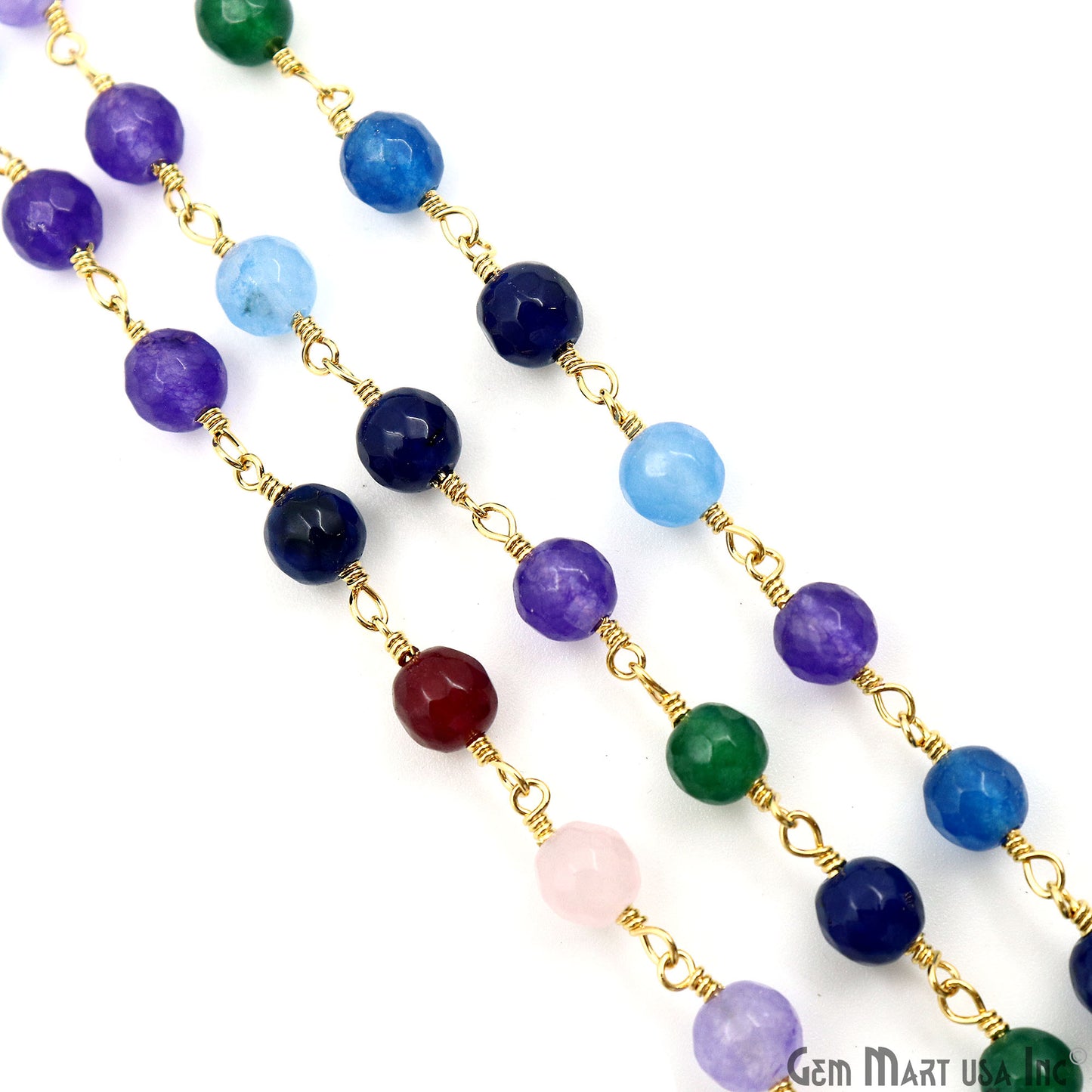 Multi Stone 6mm Faceted Beads Gold Wire Wrapped Rosary Chain