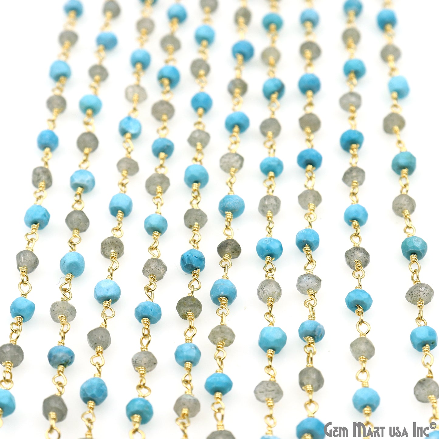 Turquoise & Labradorite 3-3.5mm Gold Plated Faceted Beads Wire Wrapped Rosary Chain