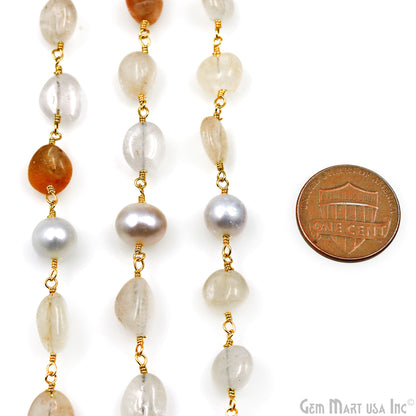 Sunstone Tumble & Gray Pearl Gold Plated Wire Wrapped Rosary Chain