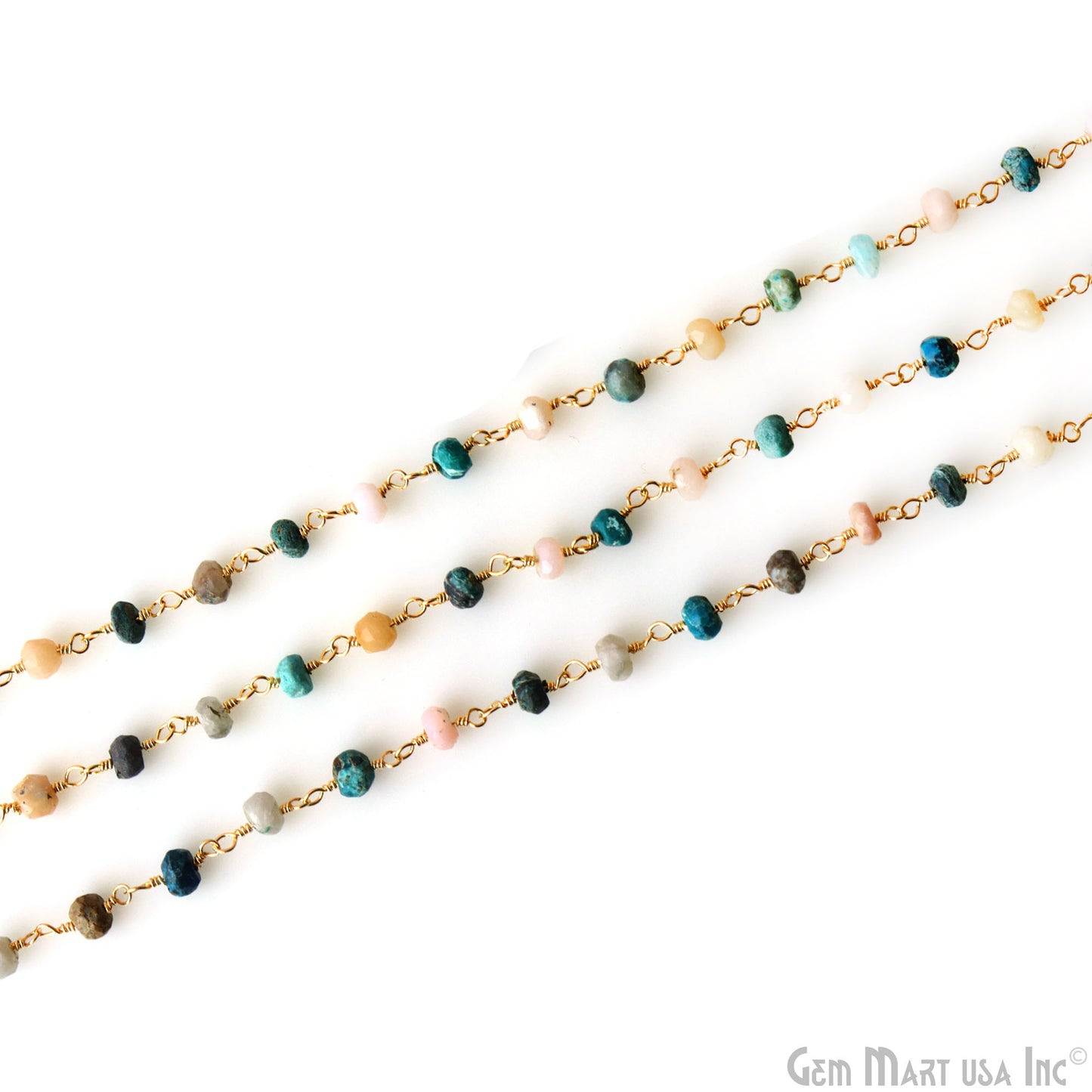 Chrysocolla With Pink Opal 4mm Faceted Beads Gold Wire Wrapped Rosary