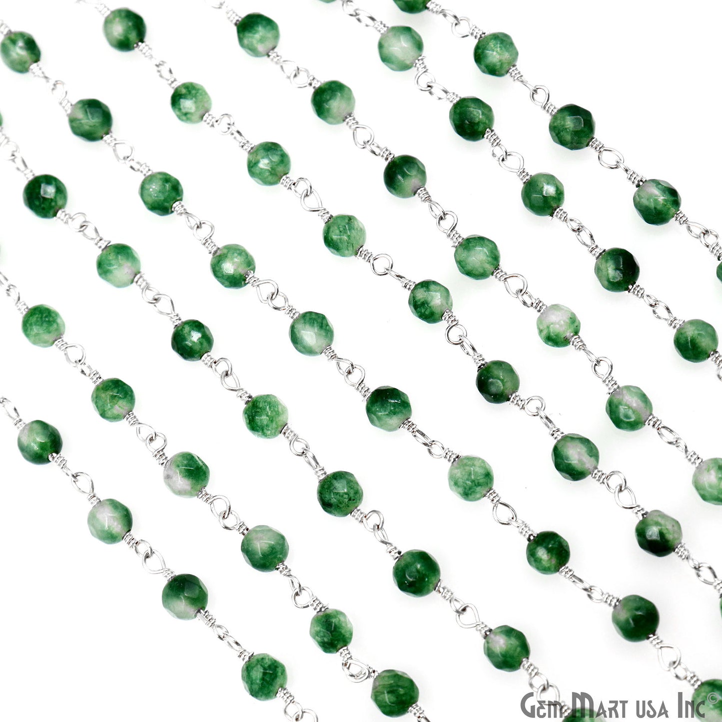 Emerald Jade Beads 4mm Silver Plated Wire Wrapped Rosary Chain