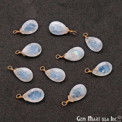 Rainbow Moonstone 8x12mm Pears Single Bail Gold Wire Wrapped Gemstone Connector - GemMartUSA