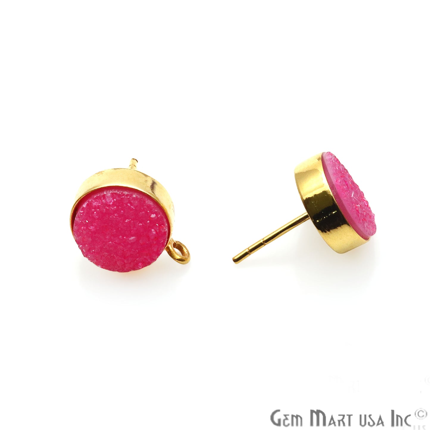 Pink Color Druzy Round 10mm Gold Plated Connector Stud Earring - GemMartUSA