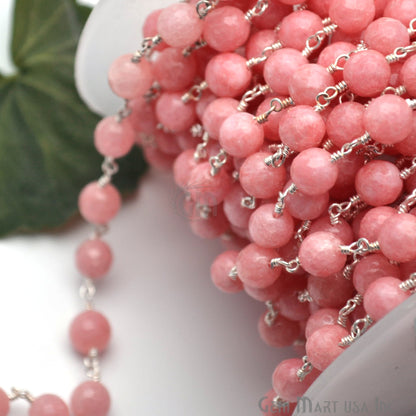 Pink Peach Jade Beads Silver Plated Wire Wrapped Rosary Chain (763960000559)