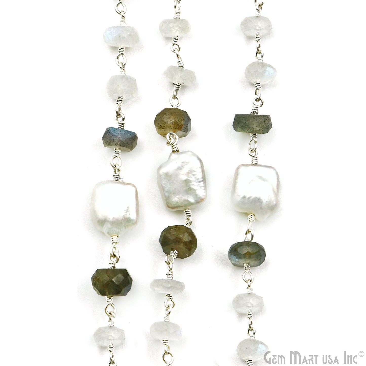 Rainbow, Labradorite & Pearl Silver Wire Wrapped Rondelle Beads Rosary Chain