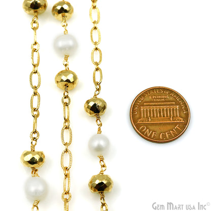 Golden Pyrite & Pearl Round Beads Gold Plated Finding Rosary Chain