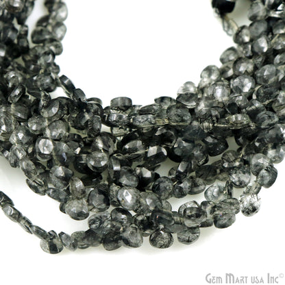 Black Rutilated Heart Beads, 8 Inch Gemstone Strands, Drilled Strung Briolette Beads, Heart Shape, 5mm