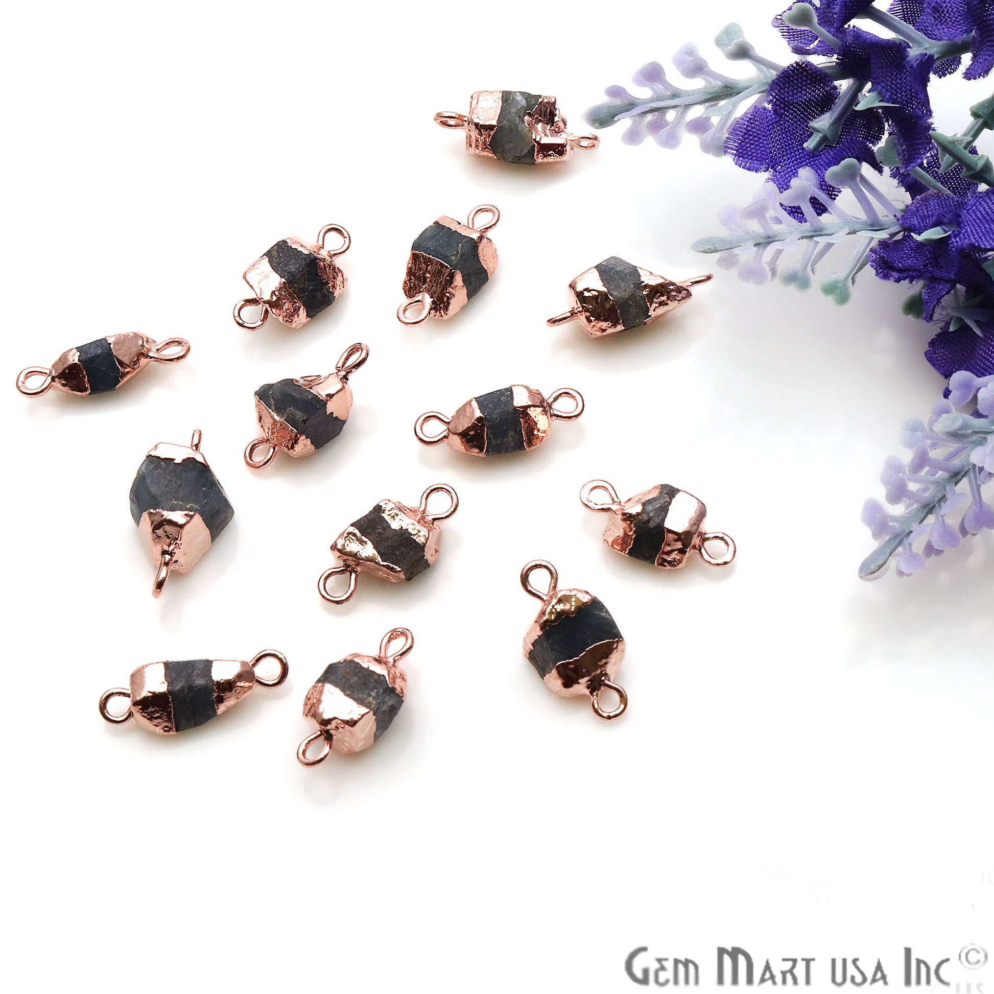Rough Sapphire Gemstone 15x7mm Rose Gold Edged Double Bail Bracelets Charm Connectors - GemMartUSA