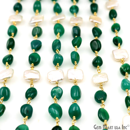 Green Onyx & Pearl Tumble Beads Gold Plated Rosary Chain