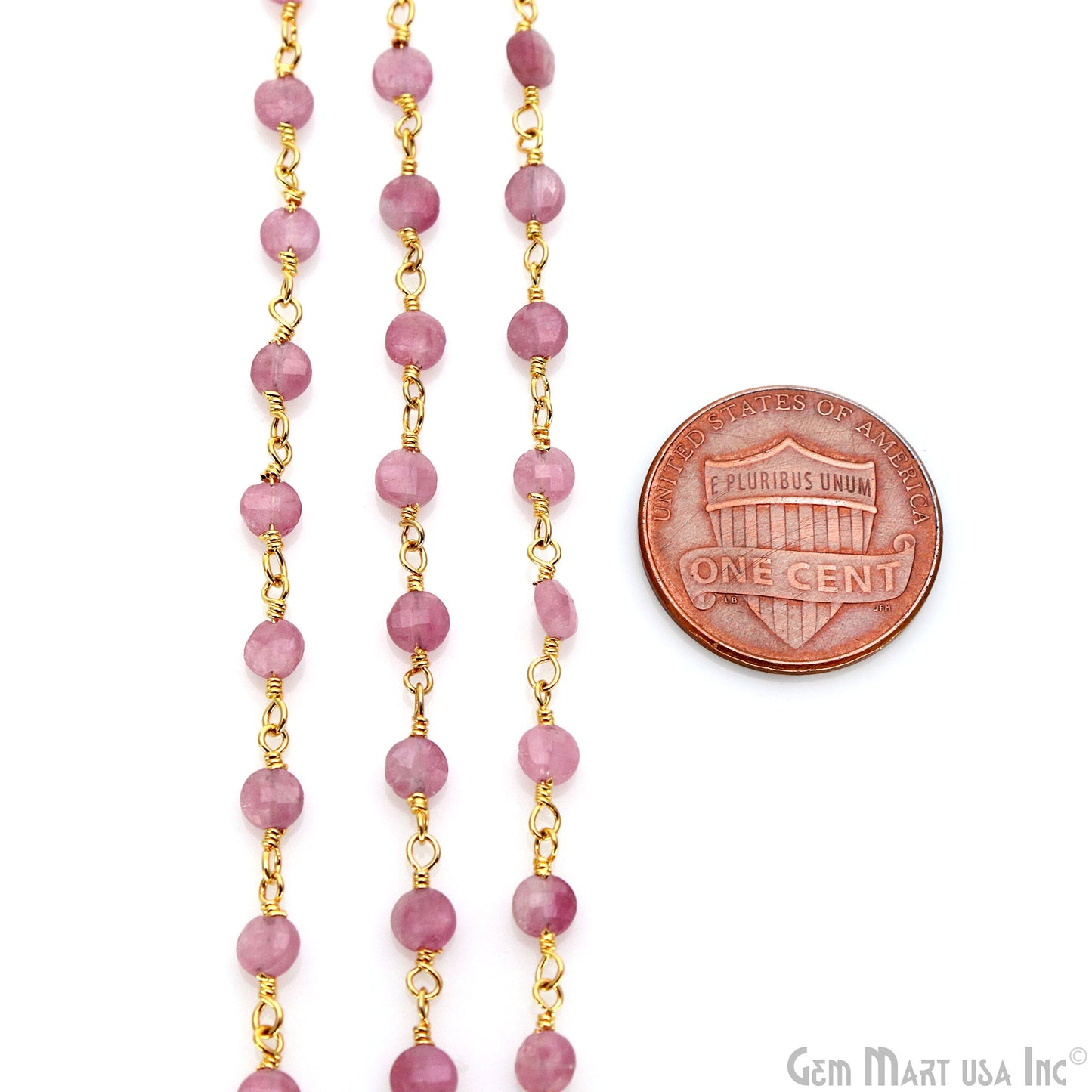 Pink Tourmaline Faceted Coin 3-4mm Gold Wire Wrapped Rosary Chain