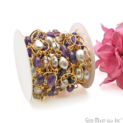 Amethyst & Pearl With Gold Plated Round Finding Rosary Chain