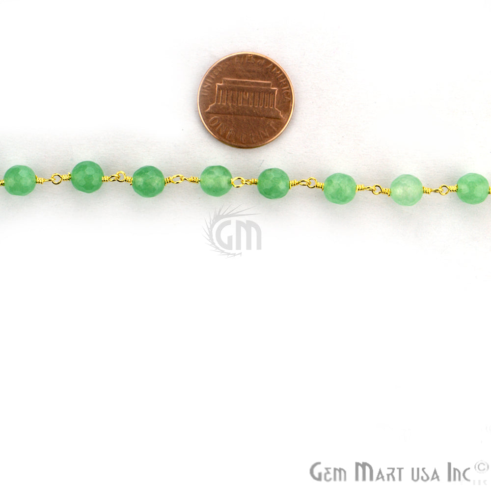 Green Jade Faceted Beads 6mm Gold Wire Wrapped Rosary Chain