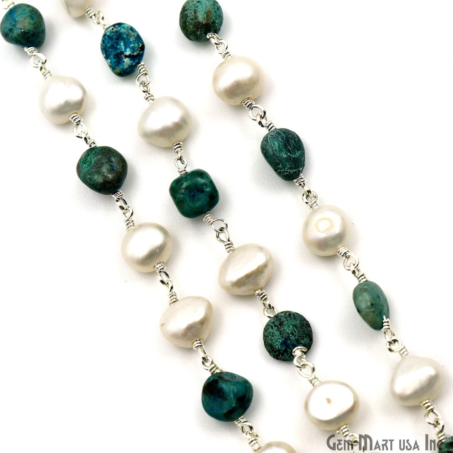 Chrysocolla Tumble Beads 8x5mm & Pearl 7-8mm Beads Silver Plated Rosary Chain