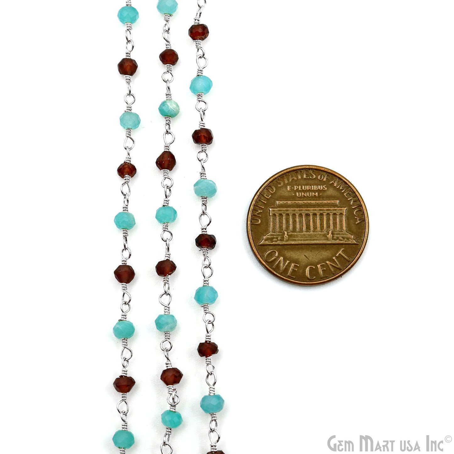 Garnet & Amazonite Beads 3-3.5mm Silver Plated Wire Wrapped Rosary Chain