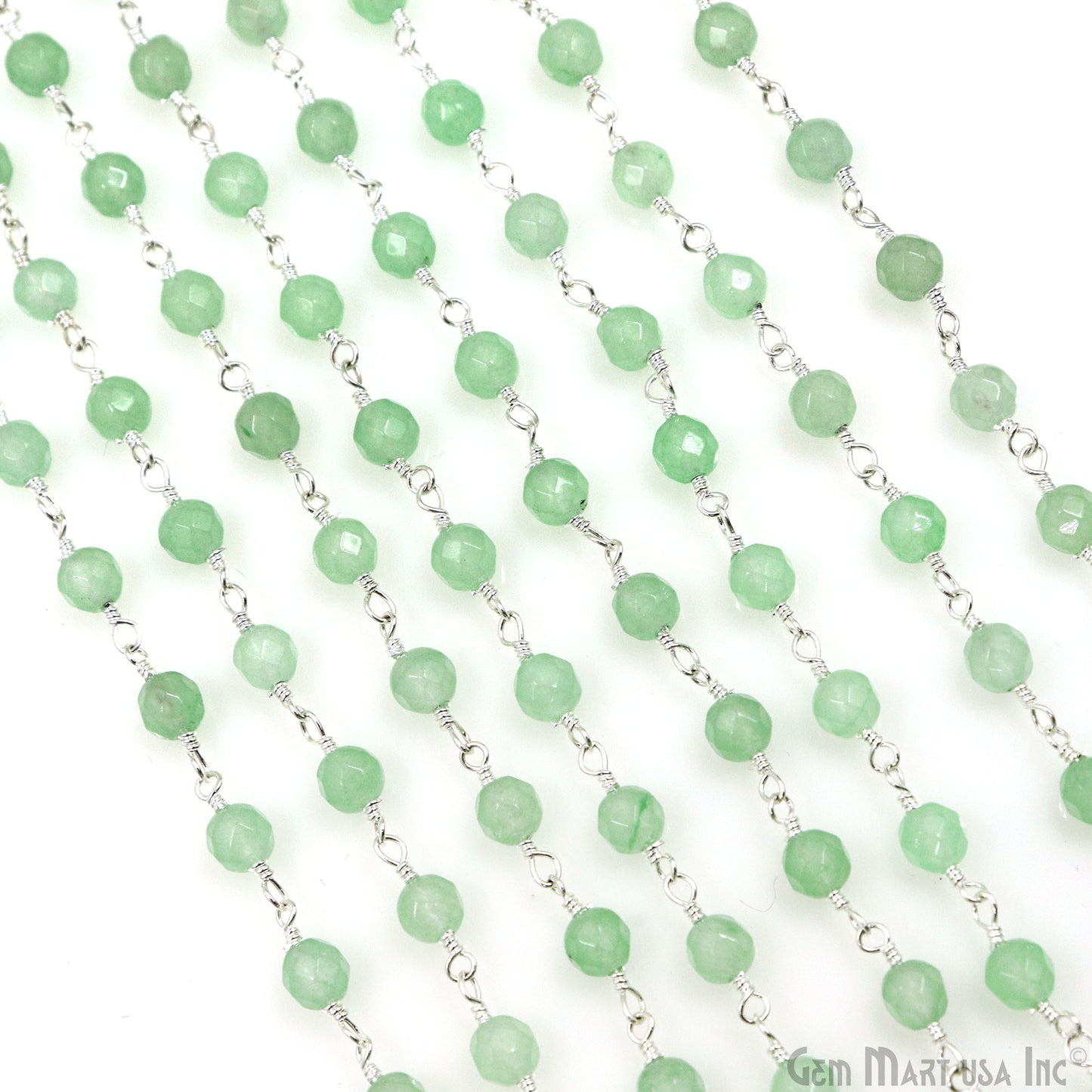 Baby Green Jade Beads Silver Plated Wire Wrapped Rosary Chain