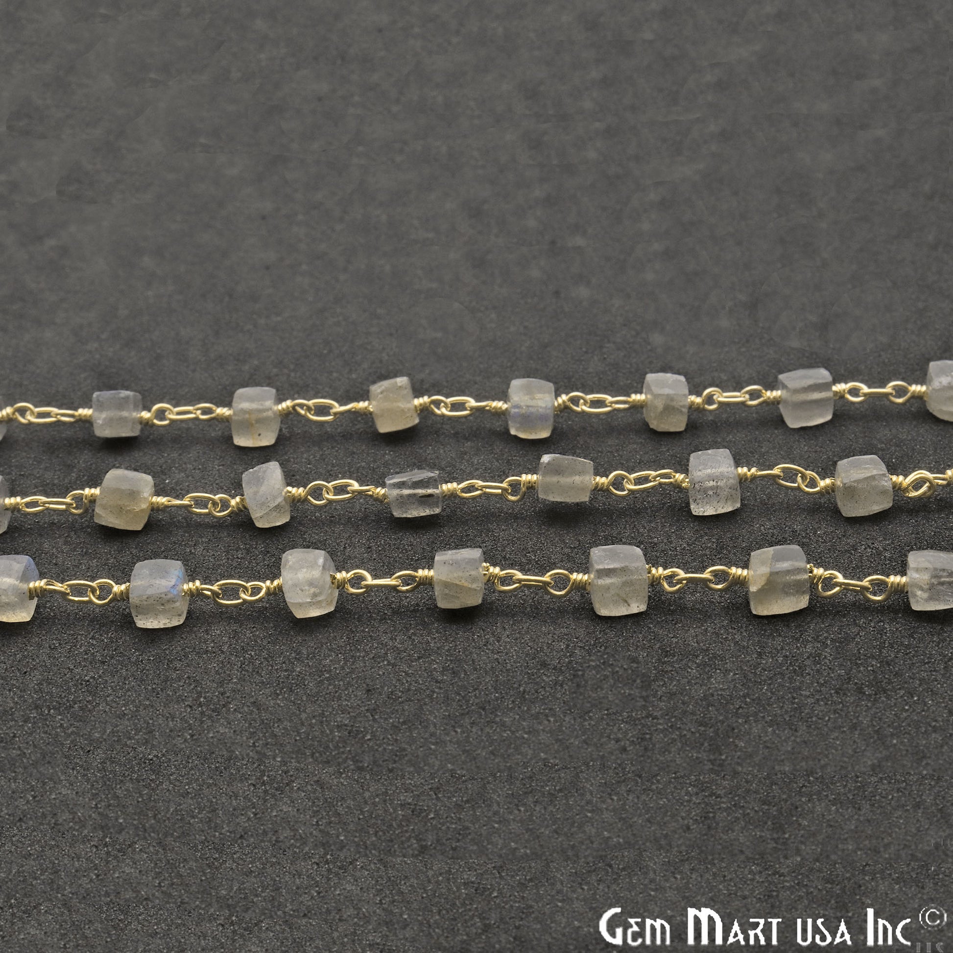 Labradorite Cube 5-6mm Gold Plated Wire Wrapped Beads Rosary Chain - GemMartUSA (763747106863)