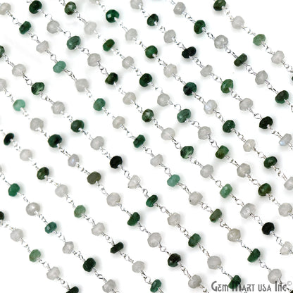 Emerald & Rainbow Faceted Beads 4mm Silver Wire Wrapped Rosary Chain