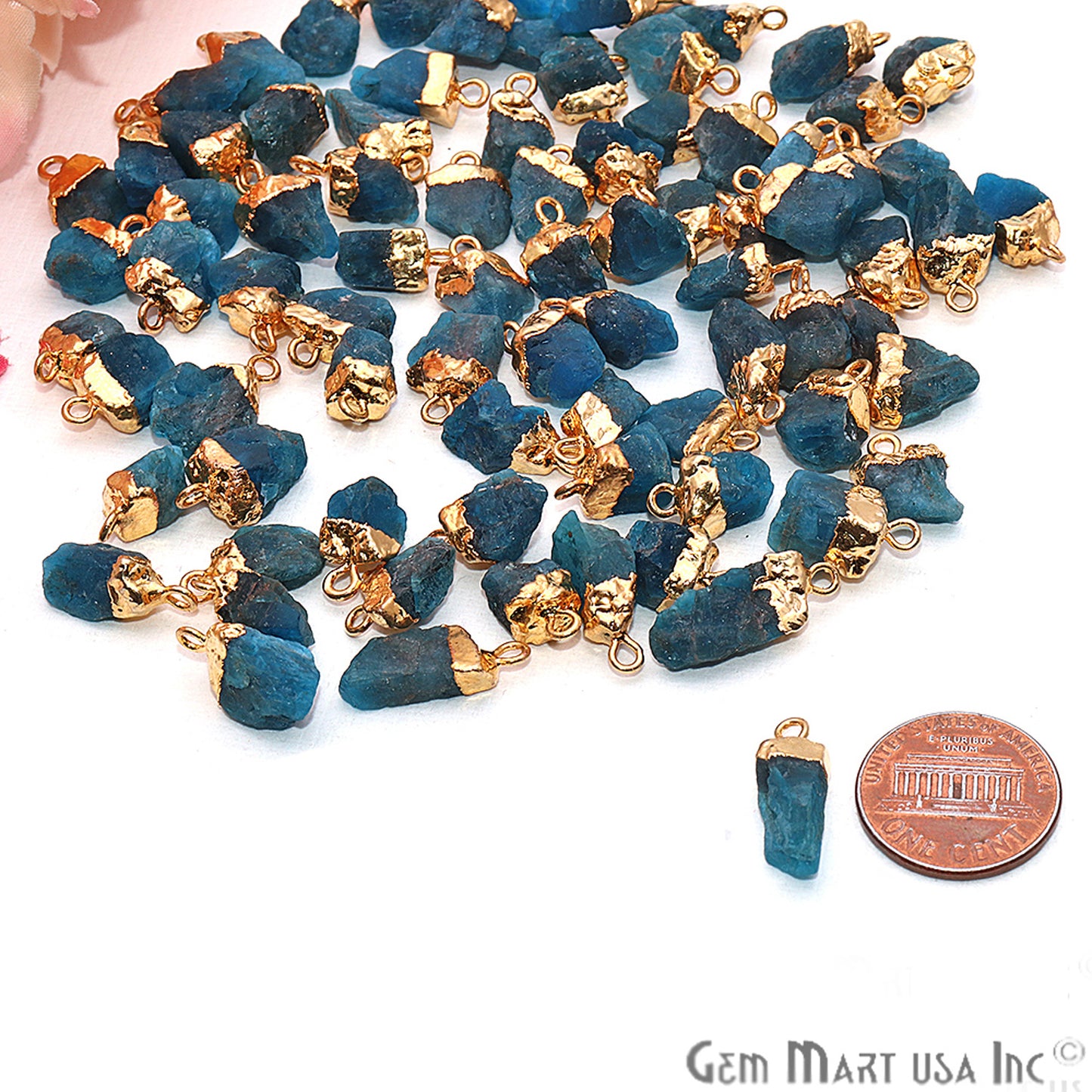 Rough Neon Apatite Gemstone 17x10mm Organic Gold Edged Single Bail Connector Charm - GemMartUSA