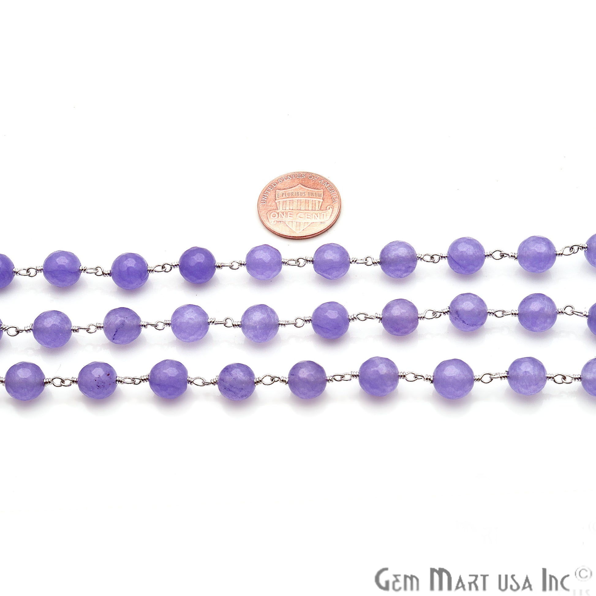 Light Lavender Jade 8mm Silver Plated Wire Wrapped Rosary Chain - GemMartUSA