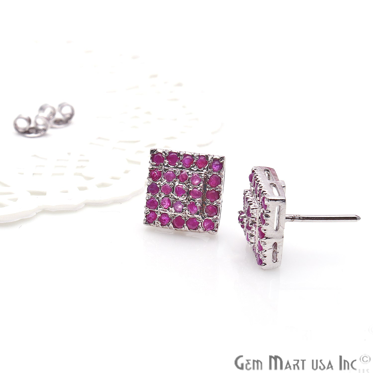 Ruby 12mm Sterling Silver Square Shape Stud Earring - GemMartUSA