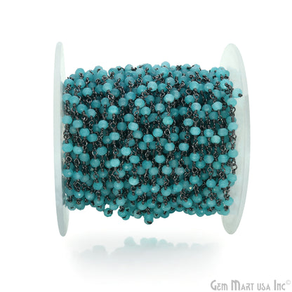 Dark Aqua Chalcedony Faceted Round 3-3.5mm Tiny Beads Oxidized Wire Wrapped Rosary Chain