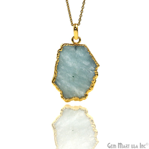 Aquamarine Free Form shape 36x24mm Gold Electroplated Gemstone Single Bail Pendant