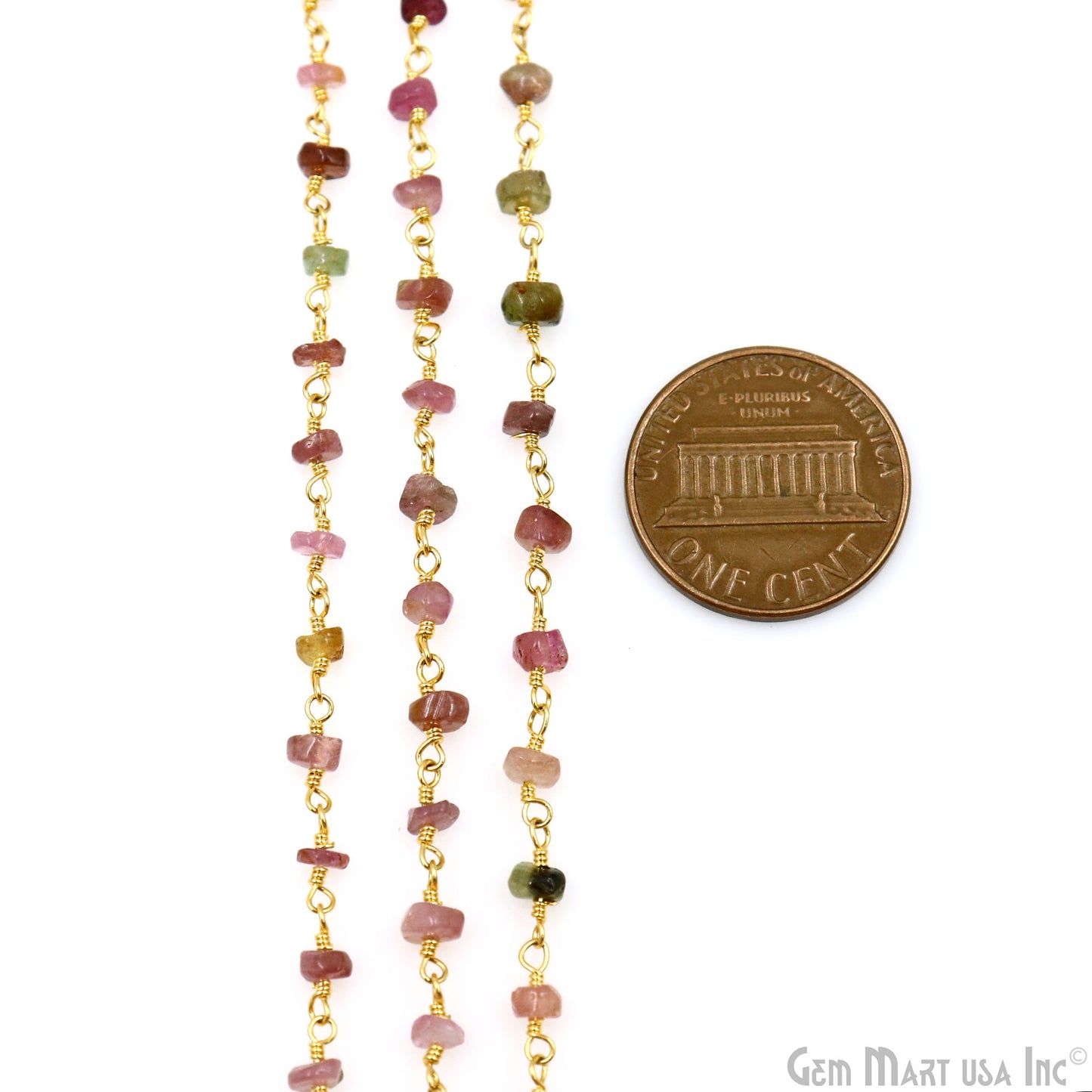 Multi Tourmaline Cabochon 3-3.5mm Gold Wire Wrapped Rosary Chain