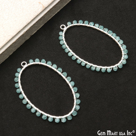 Aqua Chalcedony Oval Shape 52x35mm Silver Triple Wire Wrapped Beads Hoop Connector