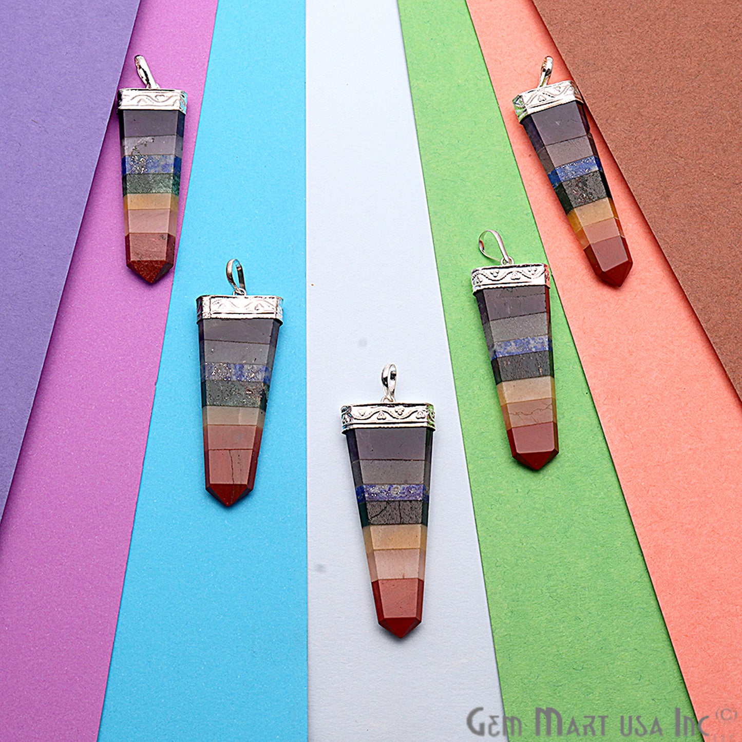 DIY Seven Chakra Healing Crystal Silver Plated Flat Point 50x20mm Pendant - GemMartUSA