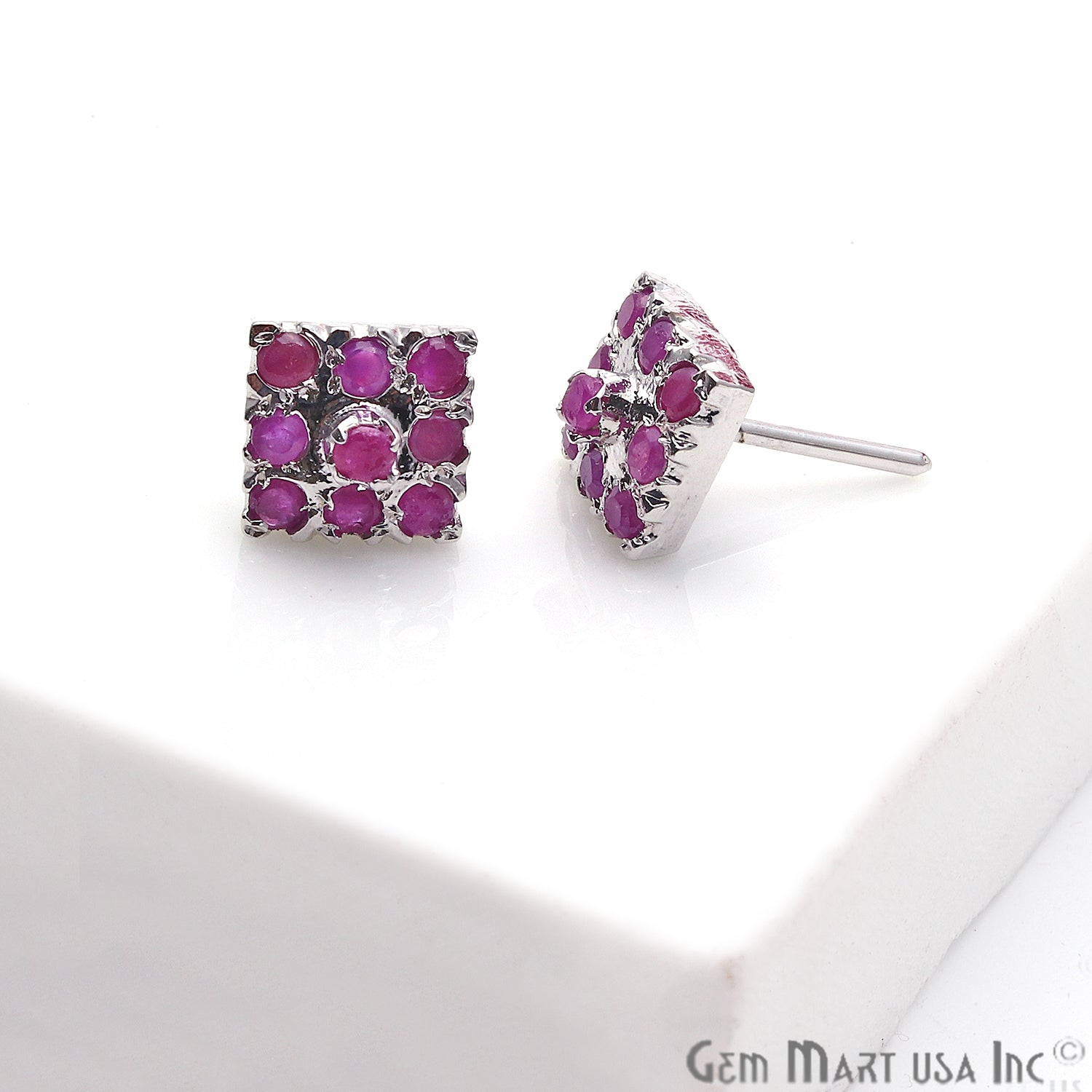 Ruby 10mm Sterling Silver Square Shape Stud Earring - GemMartUSA