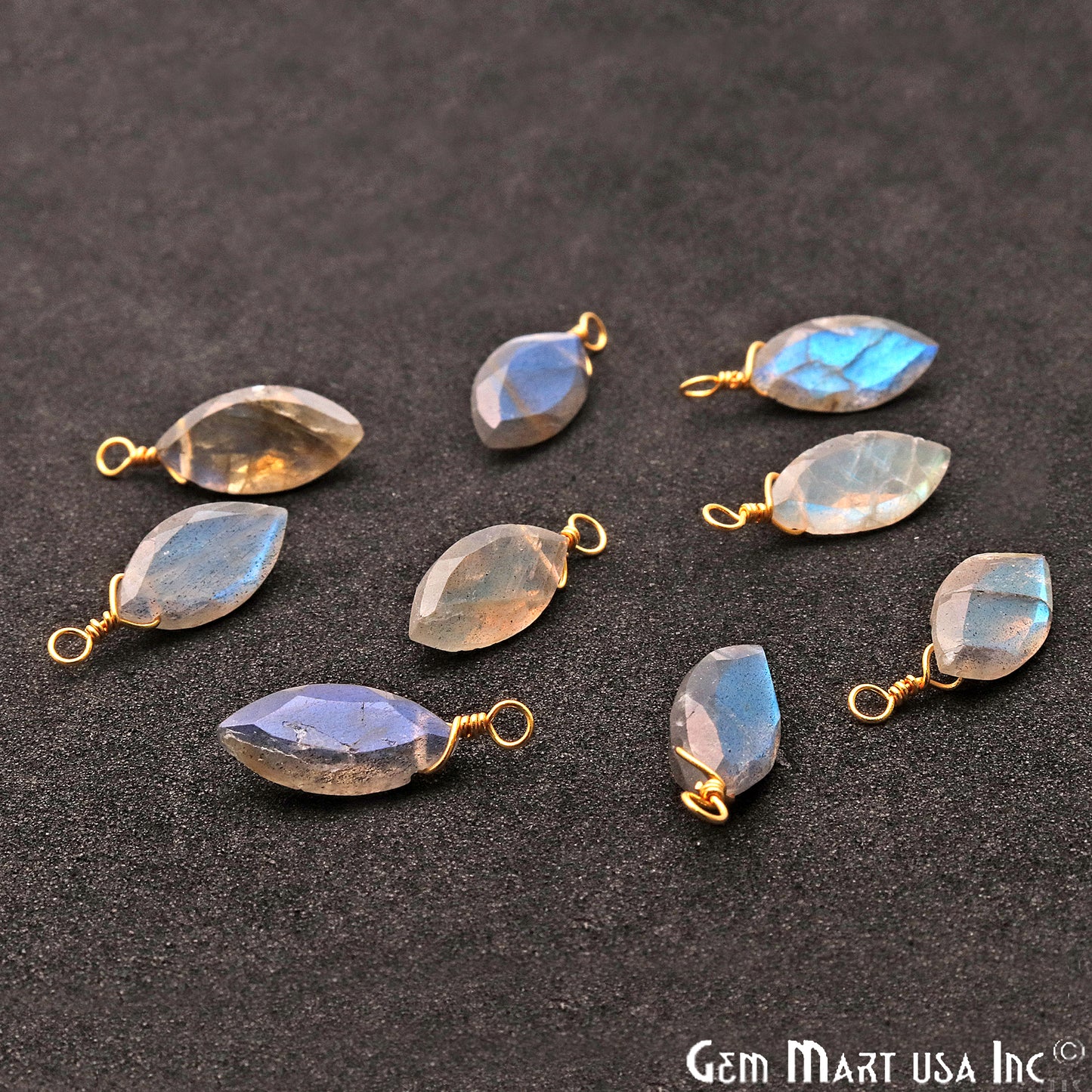 Labradorite 7x14mm Marquise Single Bail Gold Wire Wrapped Gemstone Connector - GemMartUSA