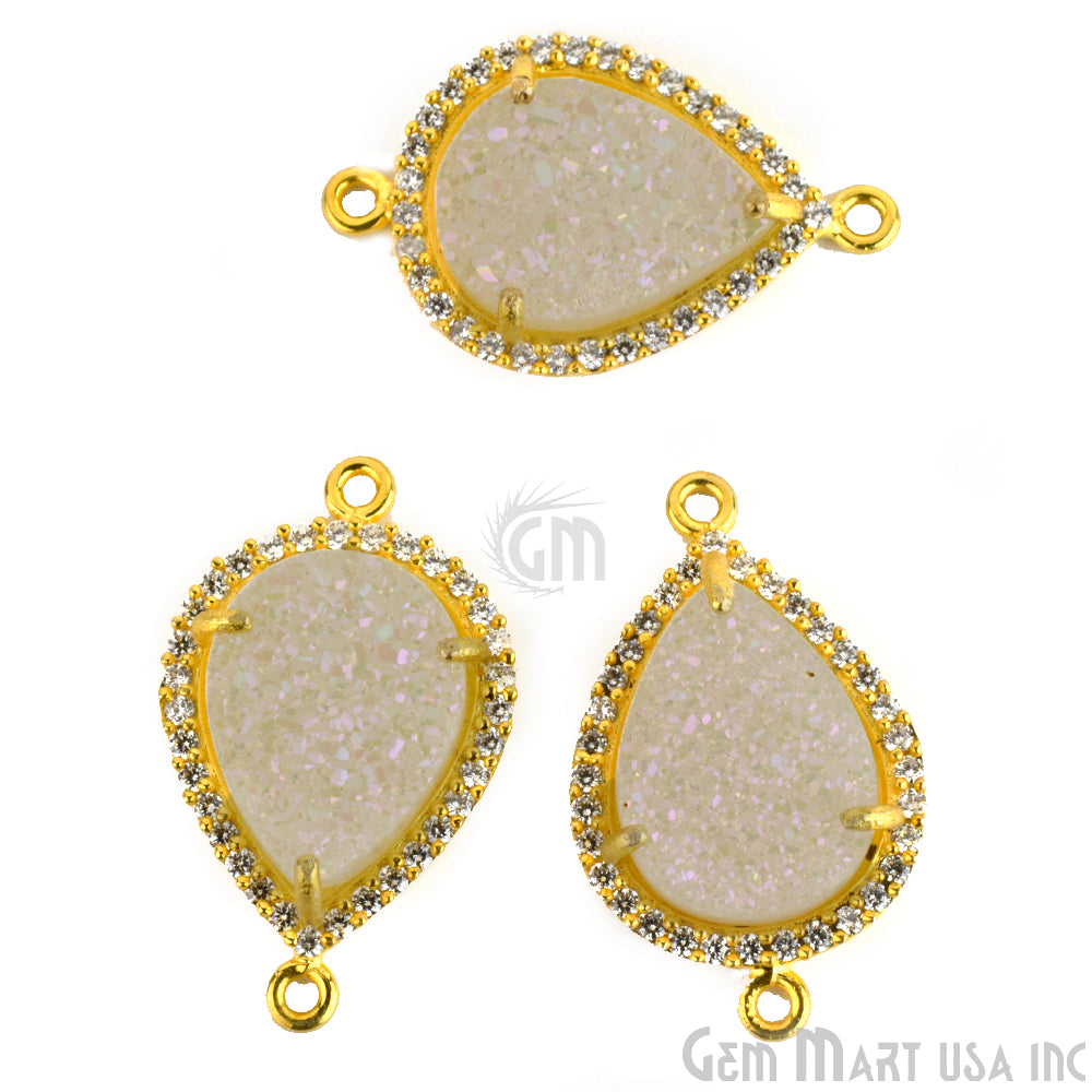 White Druzy 12x16mm Pear Shape Cubic Zirconia Prong Setting Connector - GemmartUSA