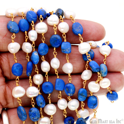 Lapis Tumble Beads 8x5mm & Pearl 7-8mm Beads Gold Plated Rosary Chain