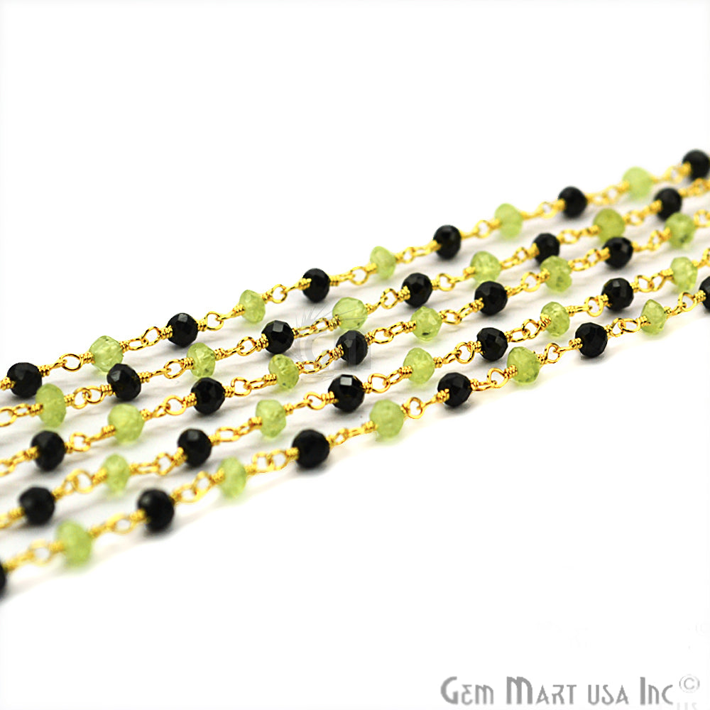 Black Spinel With Peridot Gold Plated Wire Wrapped Rosary Chain