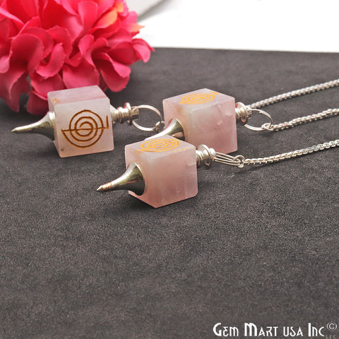 Rose Quartz Pendulum Pendant, Cube shaped Carved Gemstone, Silver Plated Chain, Dowsing Pendulum, Healing Reiki Stone 36X13MM - GemMartUSA