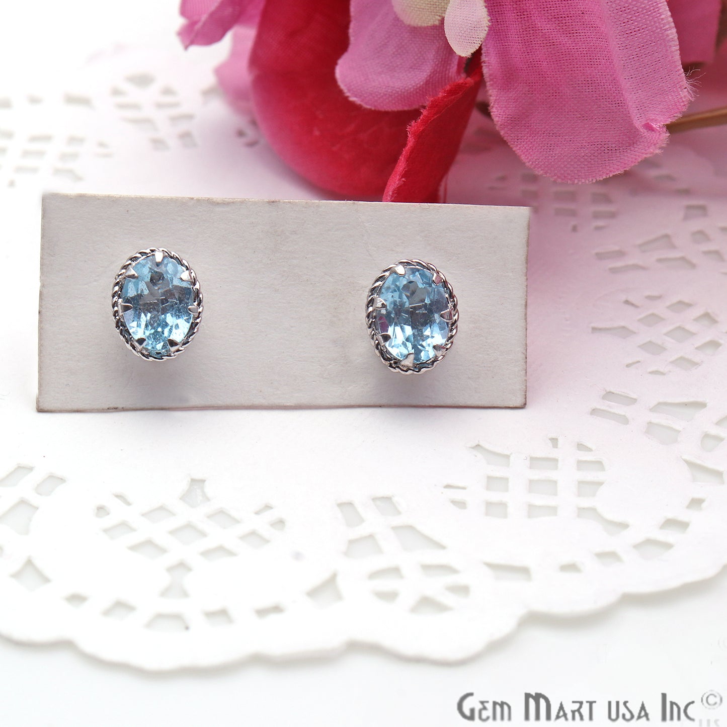 Blue Topaz 6x8mm Sterling Silver Oval Shape Prong Setting Stud Earring - GemMartUSA