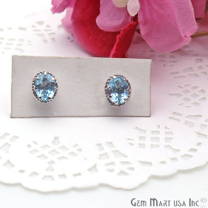 Blue Topaz 6x8mm Sterling Silver Oval Shape Prong Setting Stud Earring - GemMartUSA