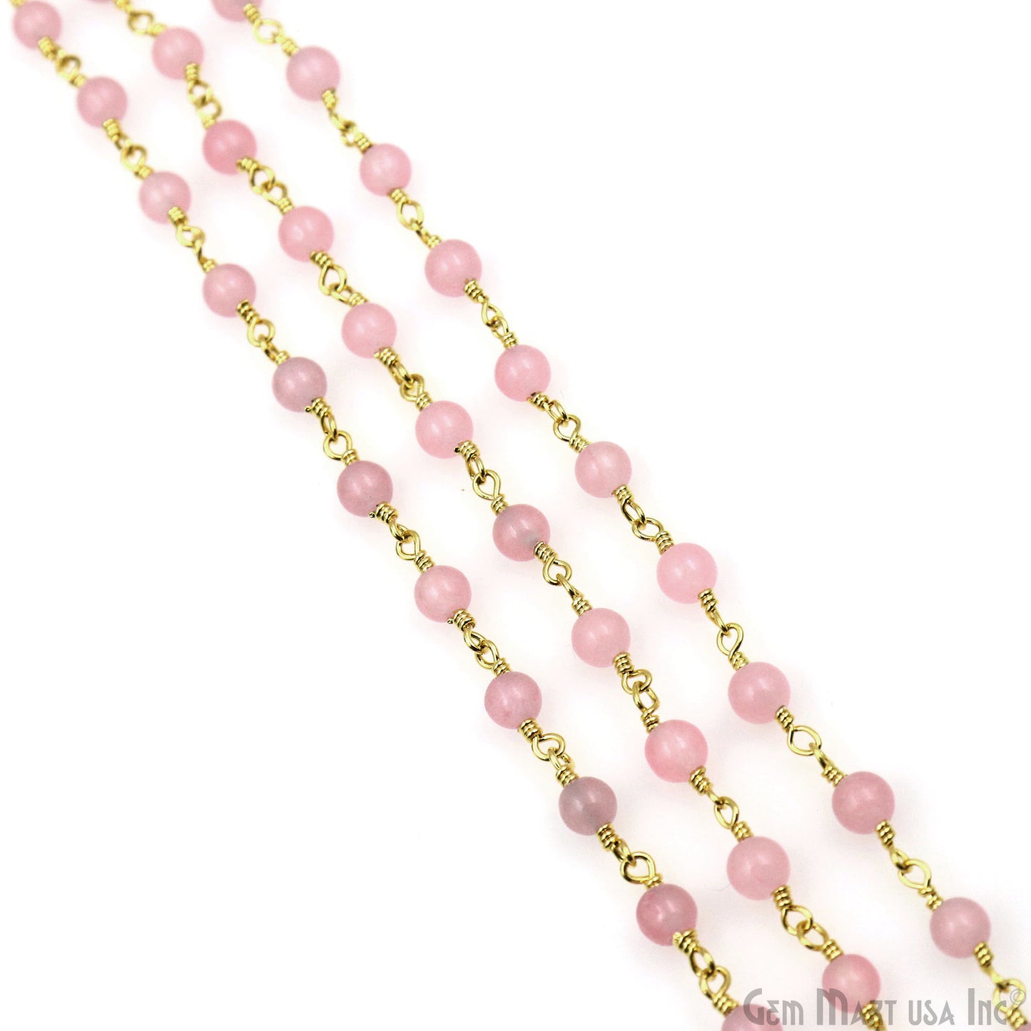 Pink Jade Cabochon 4mm Gold Wire Wrapped Rosary Chain