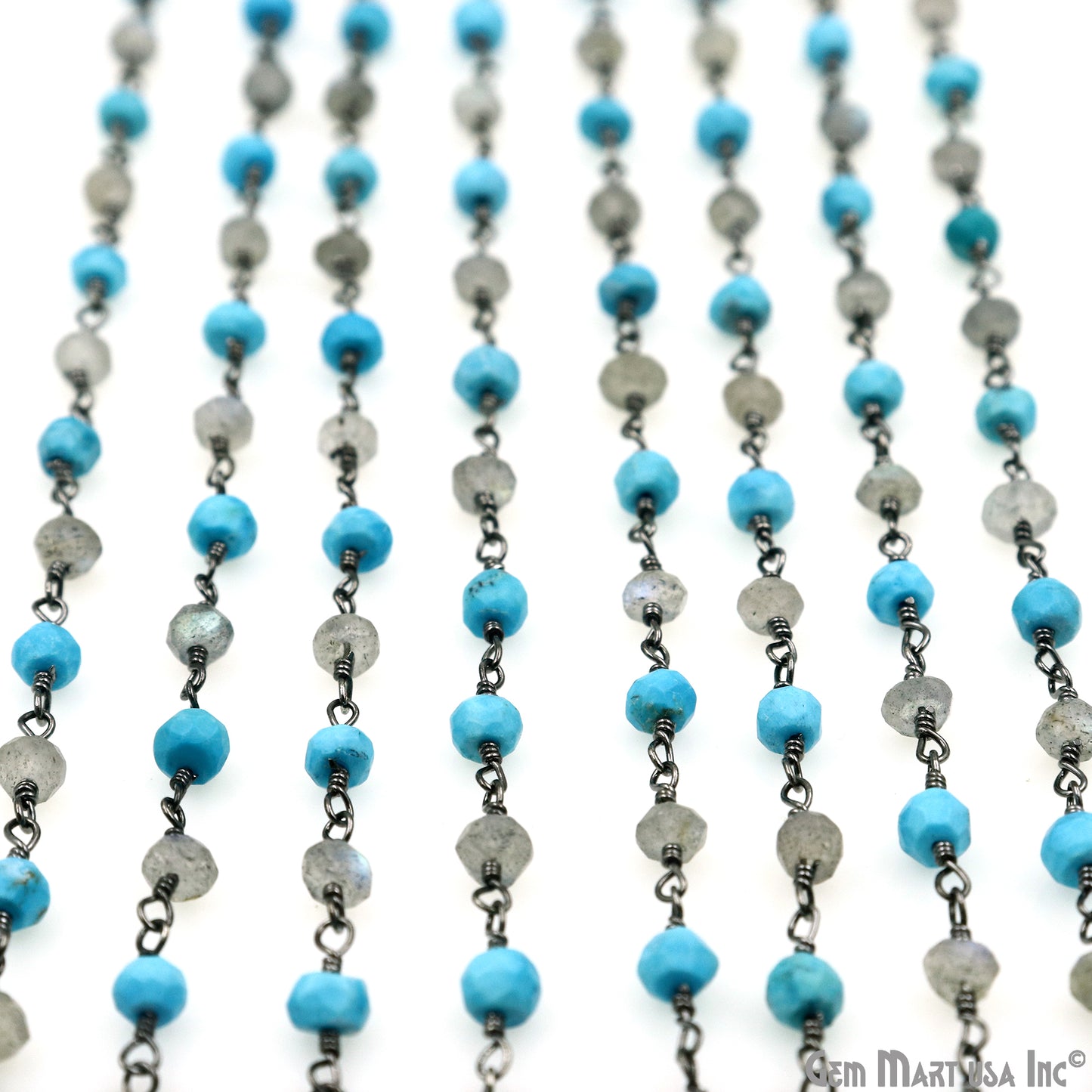 Turquoise & Labradorite 3-3.5mm Oxidized Faceted Beads Wire Wrapped Rosary Chain